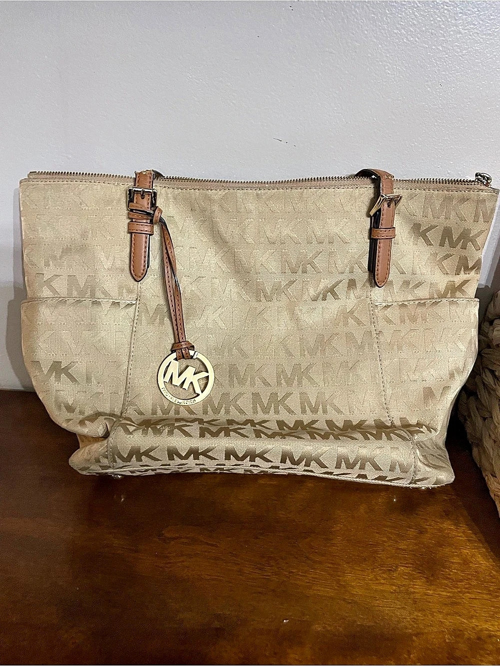 Michael Kors Jet Set Medium Logo Pocket Tote Bag Beige & Brown